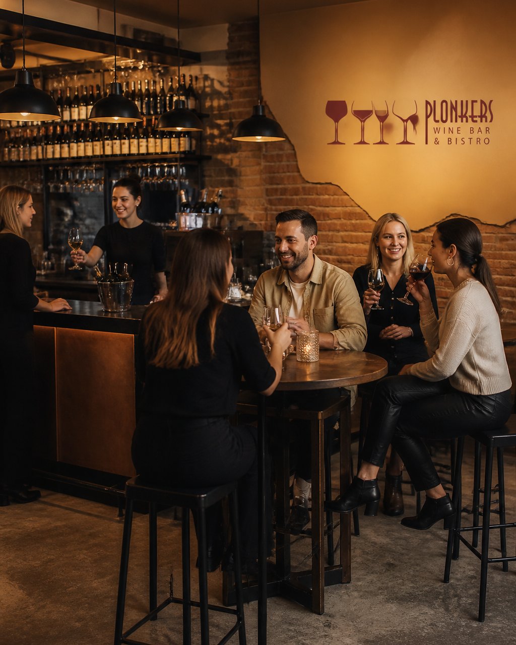 A warmly lit private bar area with a smiling bartender serving drinks to a small group of guests seated at high-top tables, showing a dedicated space within a cosy venue