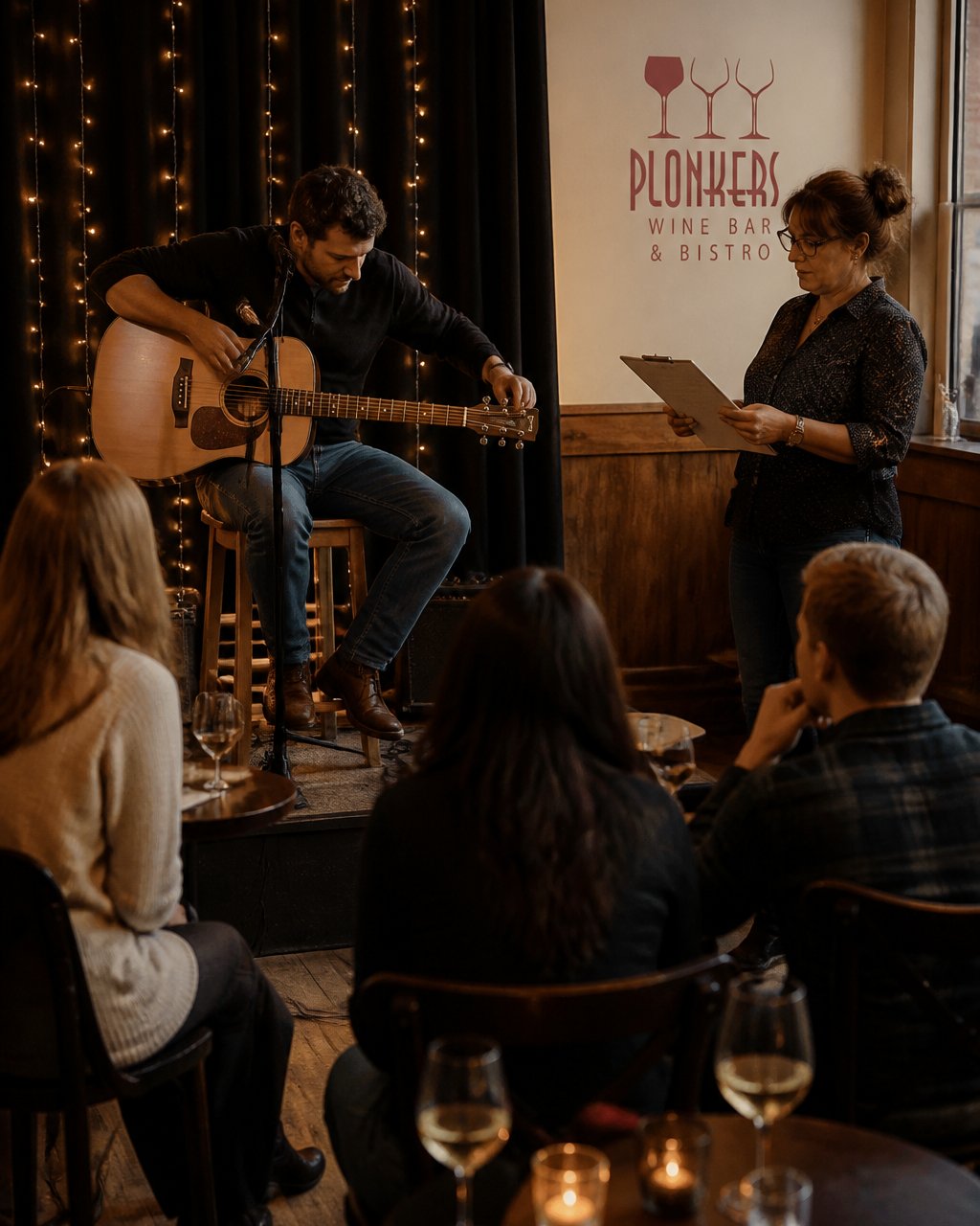 A musician tuning an acoustic guitar on a small pub stage while a host checks a clipboard and a few audience members watch from nearby tables