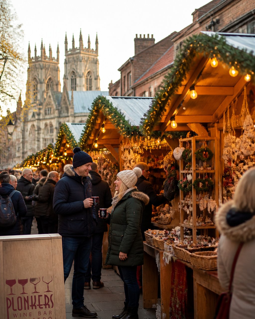 A row of wooden alpine chalets in a historic city centre street, strung with festive lights, visitors browsing handmade crafts and holding mugs of mulled wine on a cold winter afternoon